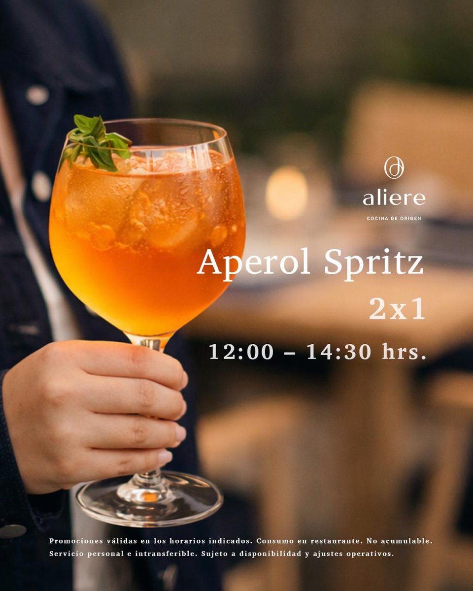 Imagen_Puebla's tweet image. Disfruta de nuestro Aperol Spritz 2x1 🥂, el equilibrio perfecto entre frescura y sabor.

🕛 Disponible de 12:00 a 14:30 hrs
Ideal para una pausa, una comida o simplemente consentirte. 🍹
Te esperamos para brindar juntos. 💫

#Aliere #AperolSpritz #2x1 #Puebla #FoodieMoment