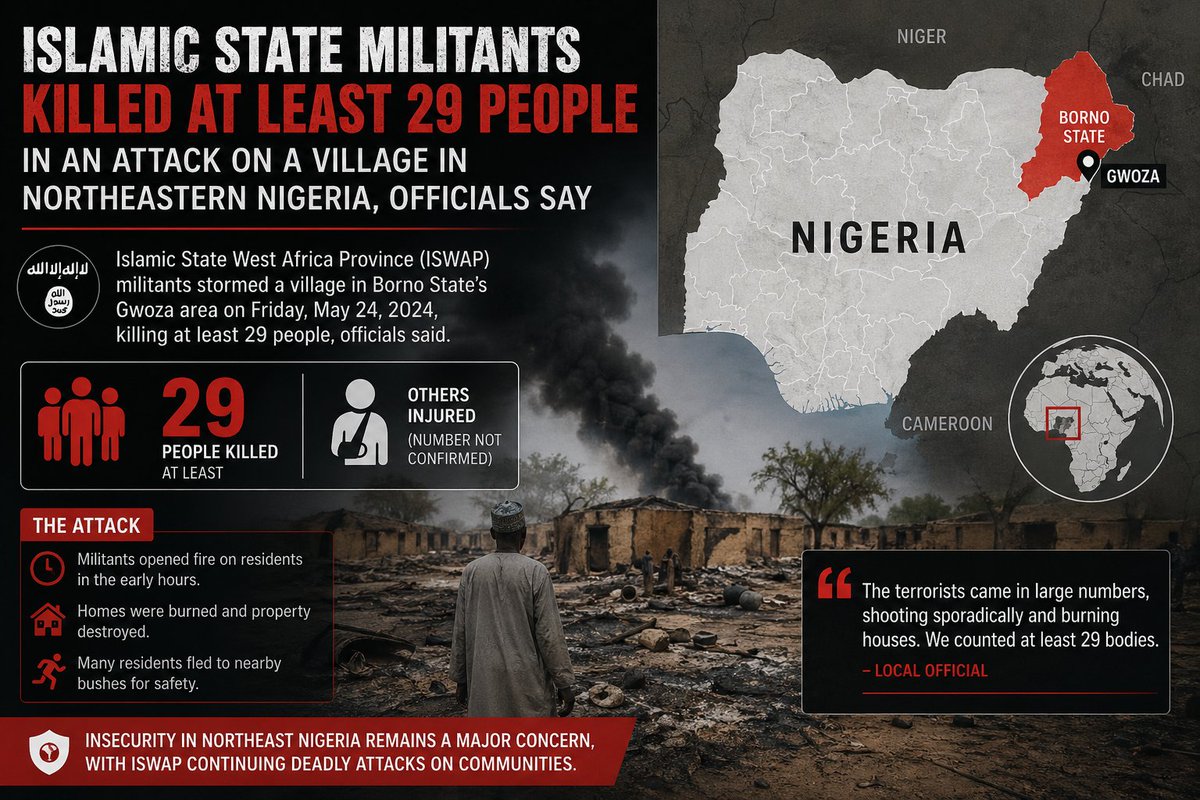 SilentFrameM's tweet image. ⚡️ Islamic State militants killed at least 29 people in an attack on a village in northeastern Nigeria, officials say

#Borno #nigeriableeding #NigerianPolitics