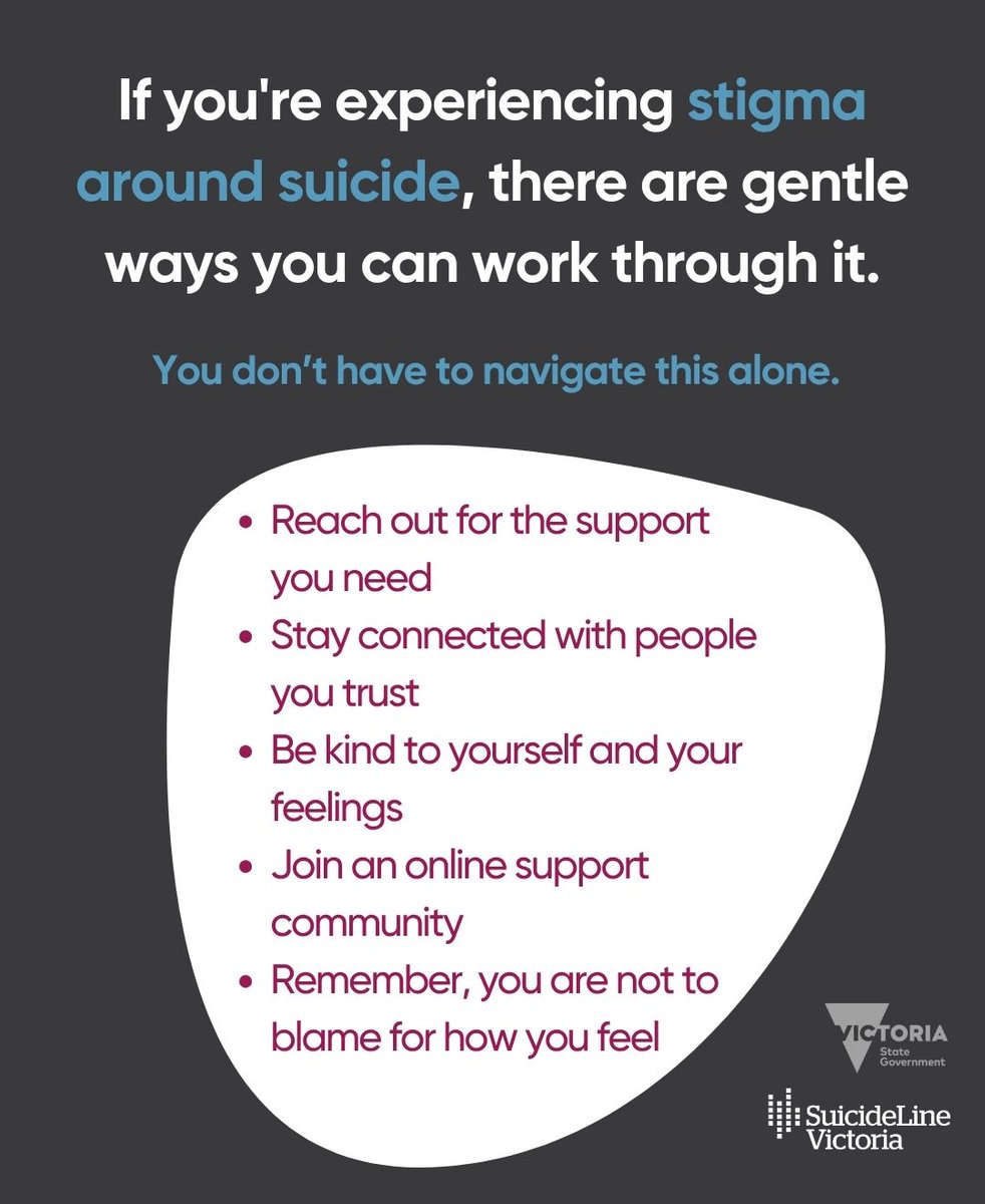 SuicideLine's tweet photo. If you're experiencing stigma around suicide, what you're feeling is valid. You are not to blame for how you're feeling and you don't have to navigate this alone.
Read more: https://t.co/V4s2dOxw0i
Call 1300 651 251 or visit https://t.co/C9sDwSPI1T https://t.co/evtttiVesL