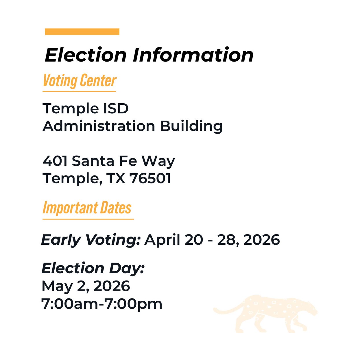 TempleCollege's tweet photo. Early voting concludes on April 28, 2026, with Election Day set for May 2, 2026. Cast your vote at the Temple ISD Administration Building, 401 Santa Fe Way, Temple, TX 76501. 

For more information about the Temple College Bond Election, visit https://t.co/aDcNHzh9A9.

#TempleCollege #YourCommunitysCollege