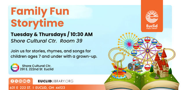 EuclidLibrary's tweet image. Get ready for fantasy and fun! Join us for #storytime at the Shore Cultural Centre, 291 East 222 St. Euclid, Room 39 featuring songs, rhymes, and stories. Just stop by every Tuesday and Thursday at 10:30 am. For children &amp;amp; families.
#OurEuclid
