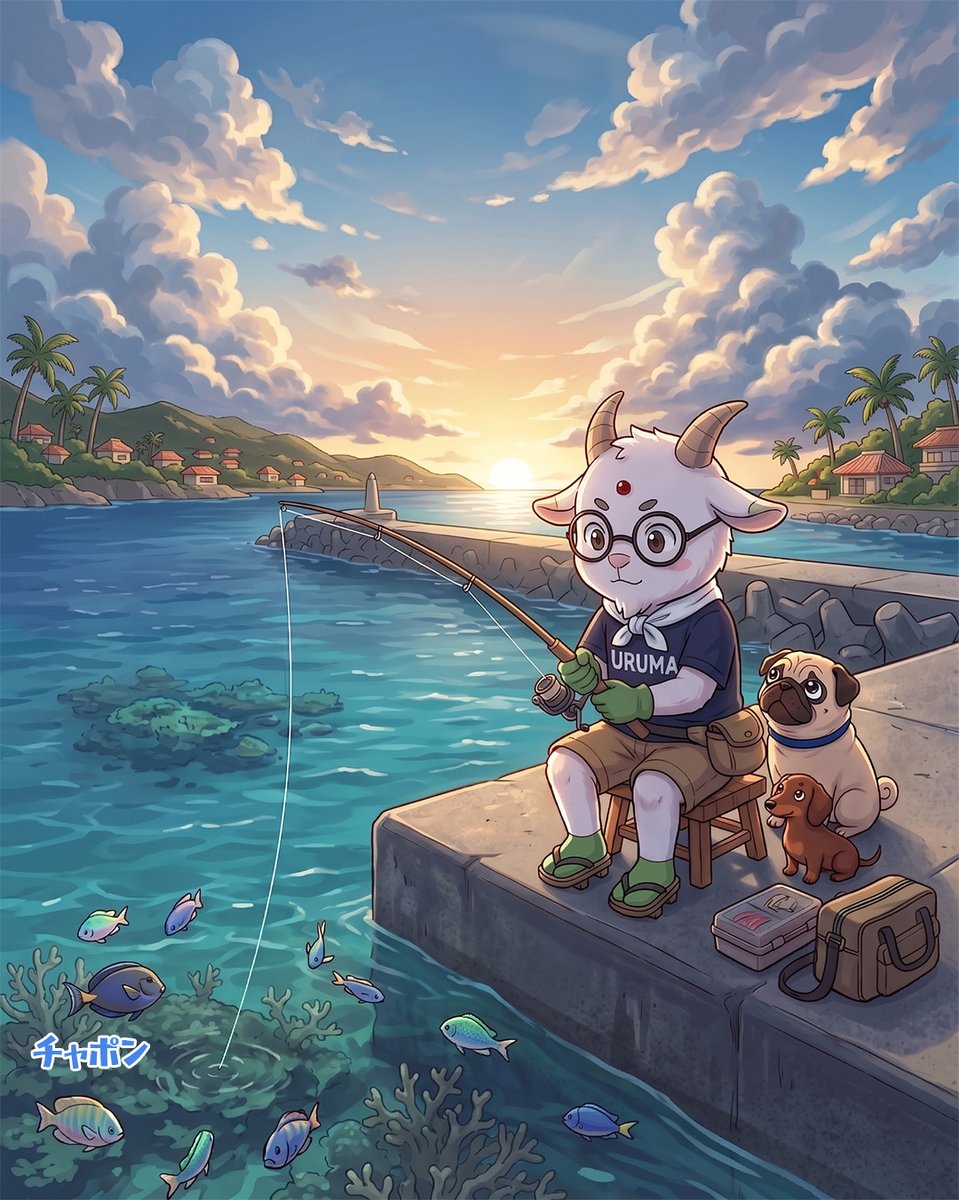 rpeejar's tweet photo. [RPeejar's Pier Fishing: 1/5]  チャポン (Plop)💧
Let's wait a while.⏳ The fish are gathering, but the ones we can see are just bait stealers, so I'll have to be careful.🎣⚠️ Pug, Doxie — stay put and look forward to the catch!🐶🐾🐟
#illustration #cuteanimals https://t.co/qtifKQ2vCC