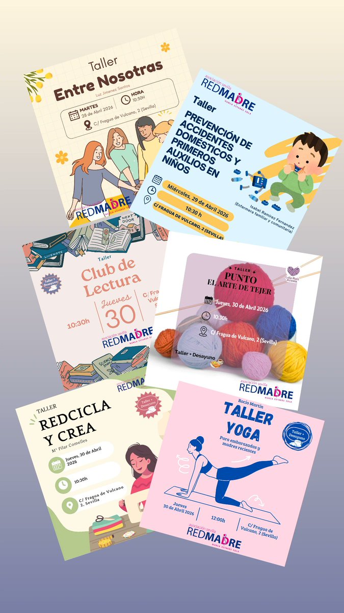Comenzamos este lunes una semana cargada de actividades programadas. Celebraremos 6️⃣ talleres de formación 🎓 de temáticas muy variadas de gran utilidad para las mujeres que atendemos en REDMADRE Sevilla.

ℹ️ Para más información, consulta la sección «Eventos» de nuestra web 🌐