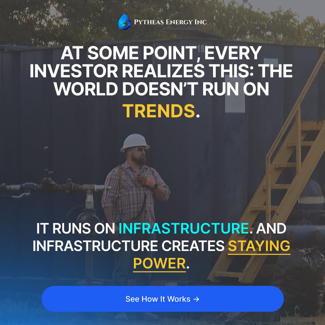 PytheasEnergy's tweet photo. At some point, every investor realizes this: 

𝗧𝗵𝗲 𝘄𝗼𝗿𝗹𝗱 𝗱𝗼𝗲𝘀𝗻’𝘁 𝗿𝘂𝗻 𝗼𝗻 𝘁𝗿𝗲𝗻𝗱𝘀. It runs on infrastructure. And infrastructure creates staying power. 

See How It Works: https://t.co/LSag4wNwEj 

#energyinvesting #investmenteducation #realassets https://t.co/SAuYX1qZur