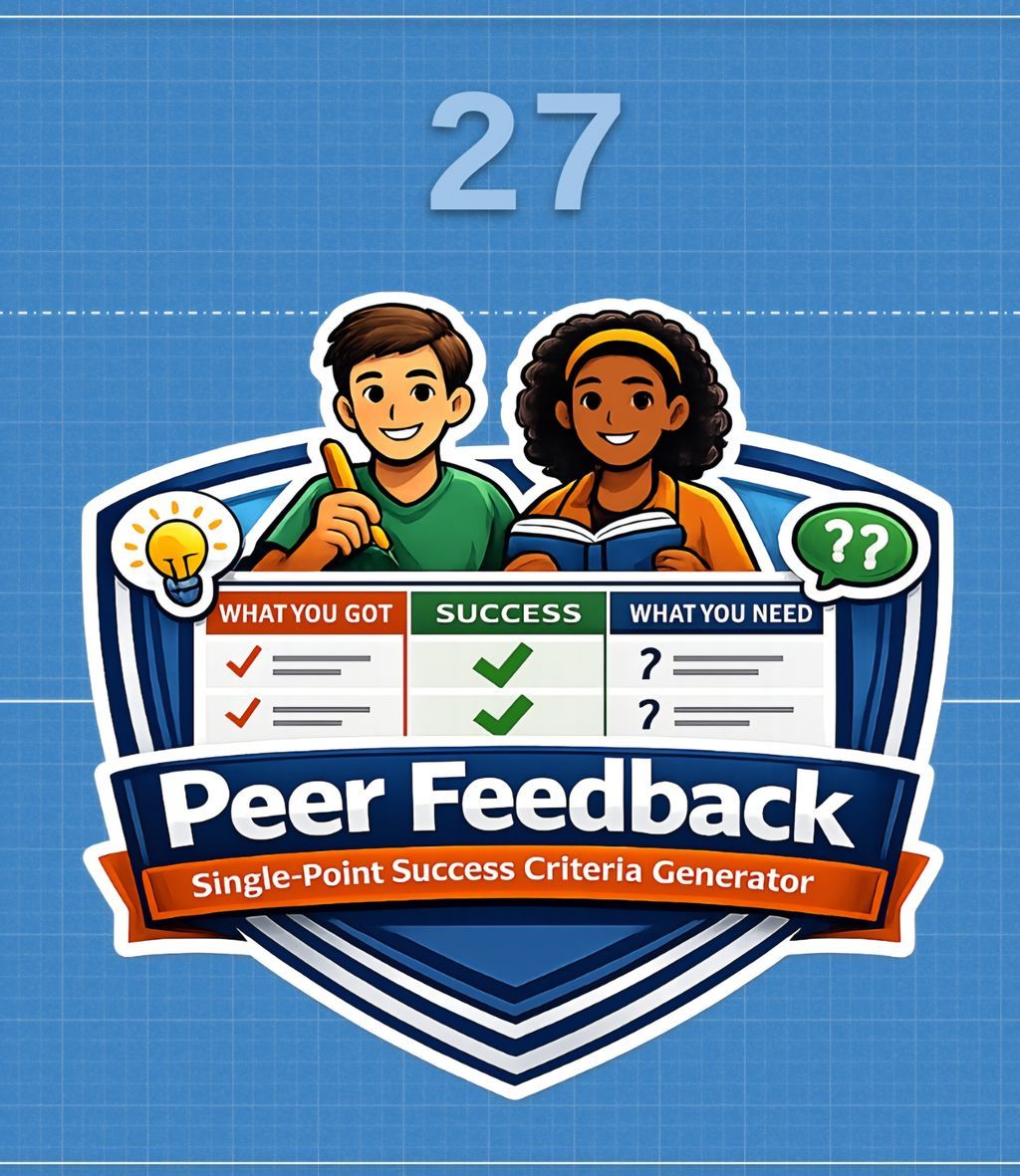 letsquitteachin's tweet photo. Tool #27 
🤝 Peer Single-Point Success Criteria Generator: Feedback That Learners Can Use

Peer feedback can be powerful… or completely off track. 😬
Without clarity, it turns into “looks good” and “nice job.”

The Peer Single-Point Success Criteria Generator gives learners a clear target—and a structure for meaningful feedback. 🎯

This tool helps you: 
✅ Define a single, clear standard of proficiency
✅ Guide learners to give specific, actionable feedback
✅ Focus feedback on improvement and extension
✅ Build a culture of purposeful peer review

Because feedback shouldn’t be vague…
It should move learning forward. 💡

When peer feedback is done well: 
👉 Learners think more deeply about quality
👉 Feedback becomes useful and specific
👉 Growth happens faster

No more empty comments. No more guessing.

Let’s design peer feedback that actually improves learning. 🚀

👉 You can find the tool at https://t.co/ITosOIJje1

Follow me:
X = @letsquitteachin
Insta = @letsquitteaching
LinkedIn = Jason Kennedy
Website = https://t.co/iiGDMciMaD

#AI #teachers #school #learning #education