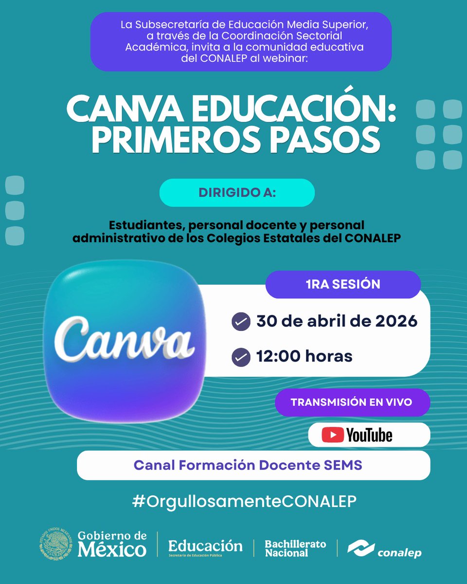 CONALEP_Mex's tweet photo. 🎓✨ #ComunidadConalep ¡No te lo pierdas!
📅 Este 30 de abril a las 12:00 hrs acompáñanos en el webinar:
🎨 Canva Educación: primeros pasos

👉 Descubre cómo dar vida a tus ideas y potenciar tu creatividad en el aula.
🔗 ¡Conéctate aquí: https://t.co/rW43IVhAkh https://t.co/5aEUHWutpN