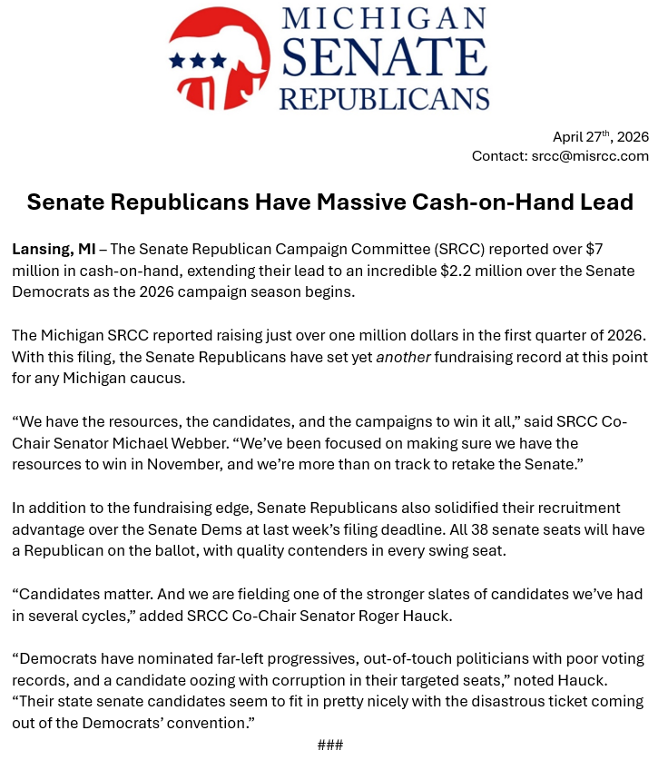 MISRCC's tweet photo. Senate Republicans Have Massive Cash-on-Hand Lead! 

The MI Senate Republican Campaign Committee (SRCC) reported over $7 million cash-on-hand, extending their lead to an incredible $2.2 million over the Senate Democrats as the 2026 campaign season begins. https://t.co/uE5LsRTd3R