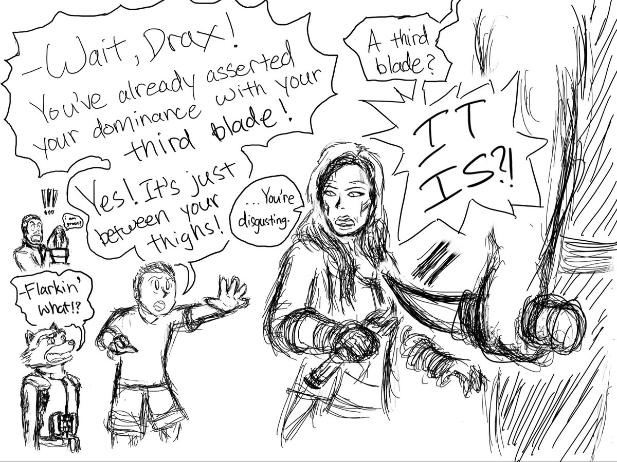 Jarron59453151's tweet image. The best distraction in combat.

#guardiansofthegalaxy #mcu #comic #funny #comedy #innuendo #outofcontext #rocketraccoon #starlord #gamora #babygroot #drax #DAYDREAM