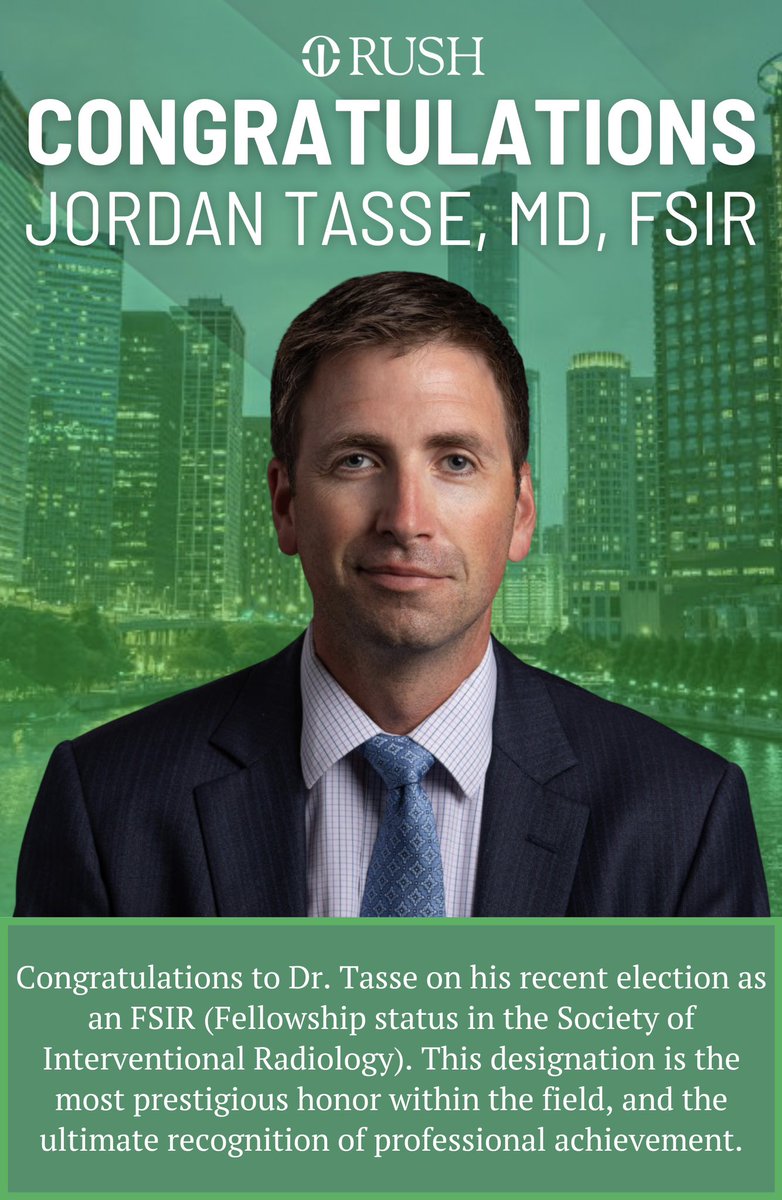 VIR_RUSH's tweet photo. Congratulations to Dr. Tasse on his recent election as an FSIR! @JTassMD
This designation is the most prestigious honor within the field, and the ultimate recognition of professional achievement #VIR #IRad #FSIR https://t.co/gx6tSrL79X