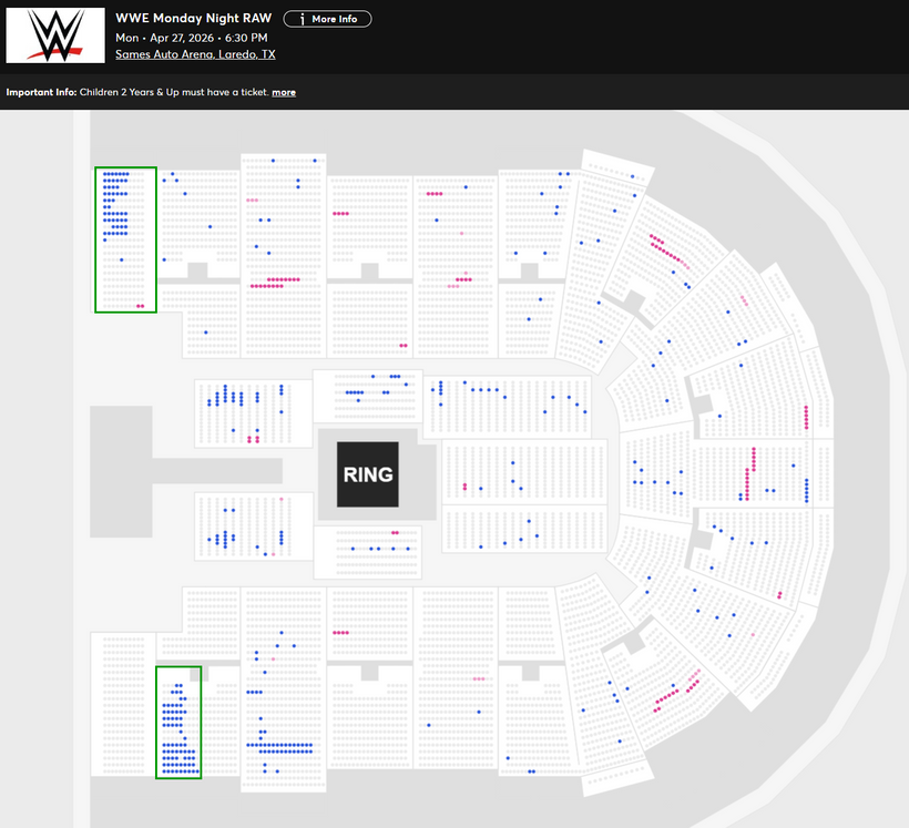 WrestleTix's tweet image. WWE Monday Night RAW
Mon • Apr 27, 2026 • 6:30 PM
Sames Auto Arena, Laredo, TX

Available Tickets: 347
Current Setup: 8,593
Tickets Distributed: 8,246

📺 Tonight's TV
⏮ 1/27/2023: Smackdown 7,555
📢 Preview: "Roman Reigns makes his decision about Jacob Fatu’s Backlash