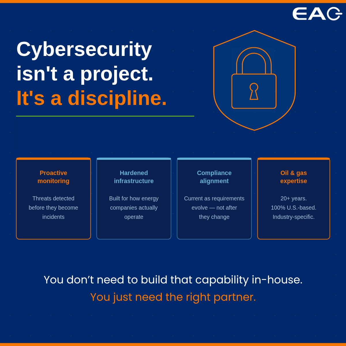 EAGServices's tweet photo. Cybersecurity in oil &amp; gas isn't a one-time project. It's an ongoing discipline. You don't have to build that capability in-house. You just need the right partner.
👉See how EAG approaches cybersecurity for energy companies: https://t.co/fpfthnLO28
#Cybersecurity #ITOutsourcing https://t.co/eYYeyJJHNB