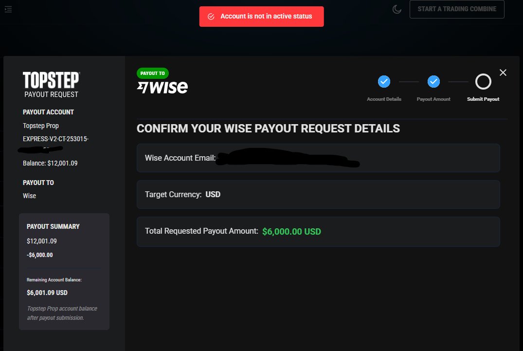 iAmAcno's tweet photo. FIRST ever Topstep payout across 5 accounts… requested $5.4k to test Wise, then got moved to live and now I can’t withdraw the rest because accounts are inactive. Now I’m told I can only access 20% and unlock the rest after making $9k 4x in a row. #Topstep #FuturesTrading https://t.co/RnCGs6iPiO