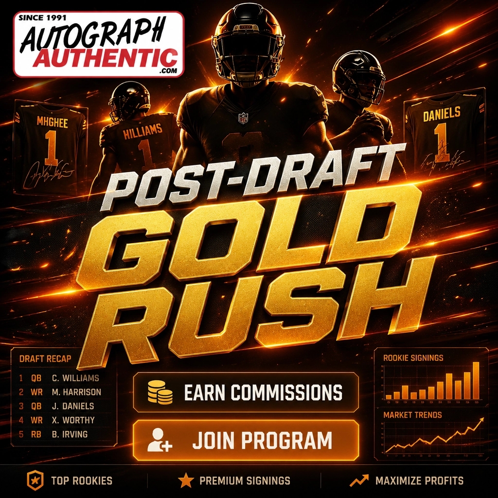 AutographAthntc's tweet image. Post-Draft Gold Rush! Rookie memorabilia is moving. Start earning commission on every sale today. Partner with the best.

Apply here:
join.autographauthentic.com/?utm_source=in…

#Draft2026 #Earn
