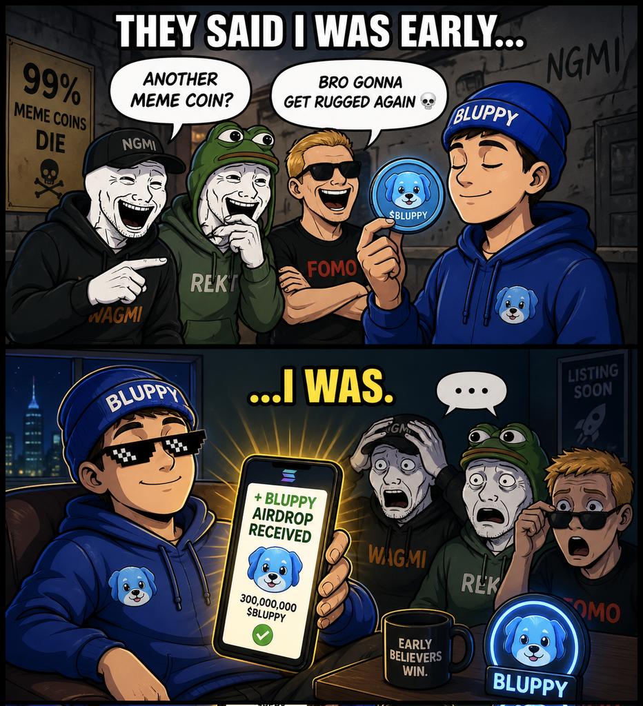 Sirhal00's tweet image. The first panel captures doubt, noise, and crowd mentality. The second flips everything, quiet conviction turns into visible reward.

No forced shill, just reality every early believer has lived through.

That’s the edge @BLUPPYcoin represents.

#bluppy #Solana #CryptoMemes