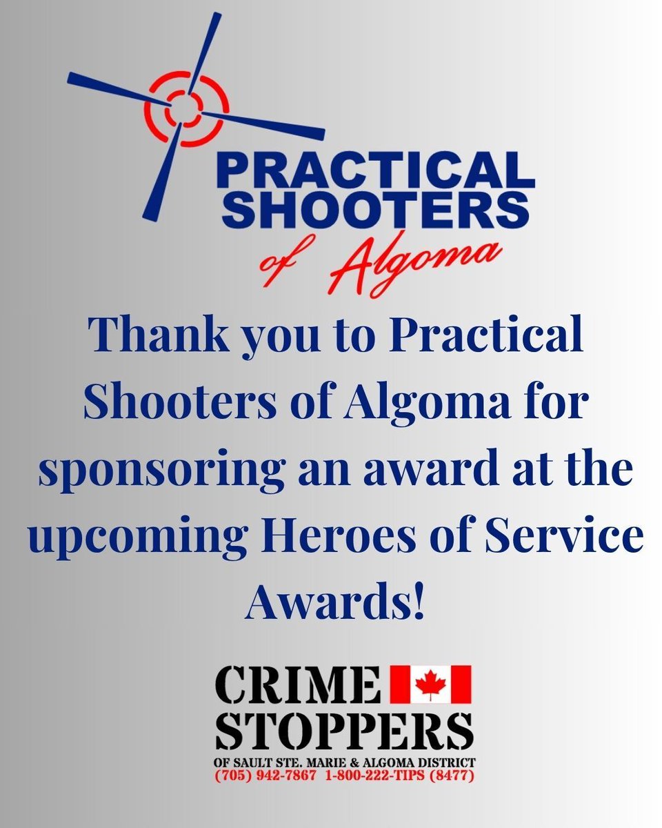 SSMCrimeStopper's tweet image. A strong community is built by people who step up and support one another.

We’re proud to recognize Practical Shooters of Algoma for sponsoring an award at this year’s Heroes of Service Awards.

#HeroesOfService #CommunitySupport #SaultSteMarie #Algoma #CrimeStoppers