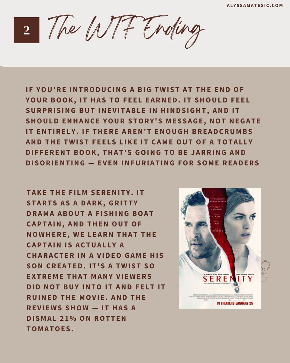 AlyssaMatesic's tweet photo. A bad ending can turn what would be a five-star novel into a flop.

And that's all your readers will remember, no matter how brilliant the rest of the story was.

That's why your ending HAS to land.

Here are the 7 weakest endings I've seen in my 10+ years as a book editor — and exactly how to avoid them.