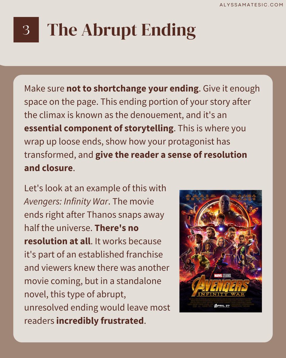 AlyssaMatesic's tweet photo. A bad ending can turn what would be a five-star novel into a flop.

And that's all your readers will remember, no matter how brilliant the rest of the story was.

That's why your ending HAS to land.

Here are the 7 weakest endings I've seen in my 10+ years as a book editor — and exactly how to avoid them.