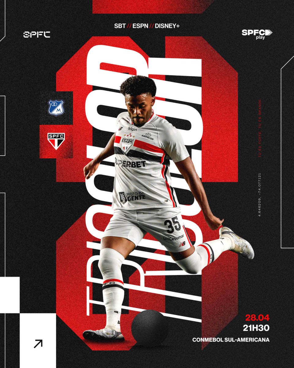 É #DiaDeTricolor na Colômbia! 

🔜 Hoje tem: Millonarios-COL x São Paulo, às 21h30 (de Brasília), no Nemesio Camacho El Campín, em Bogotá (COL), pela CONMEBOL Sul-Americana. Transmissão no SBT, ESPN e Disney+, e narração na SPFC Play. 

#VamosSãoPaulo 🇾🇪