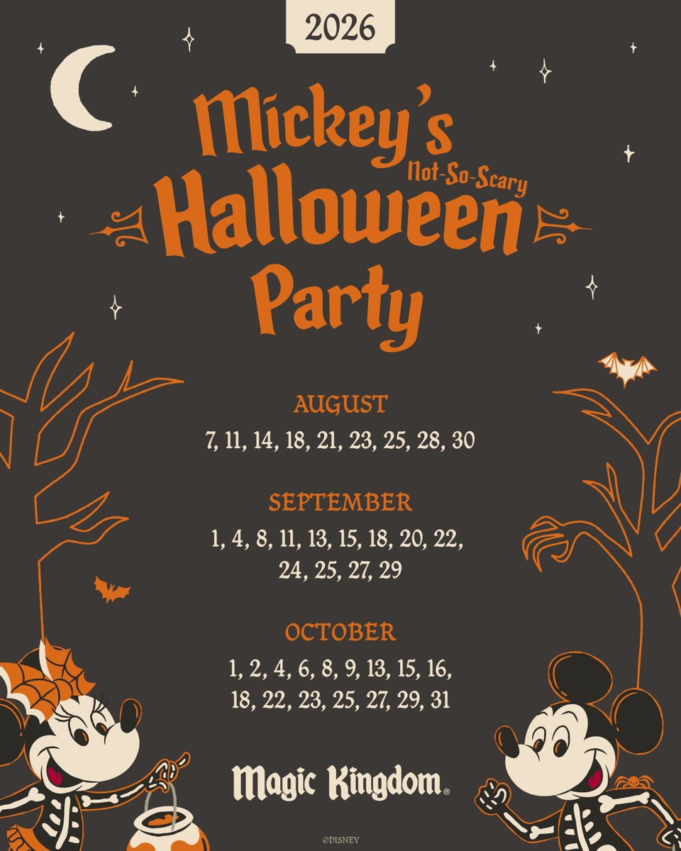 The dates for Mickey's Not-So-Scary Halloween Party at Magic Kingdom have materialized 👻 The party runs select nights from August 7 - October 31 🎃 di.sn/6019BBzmFZ
