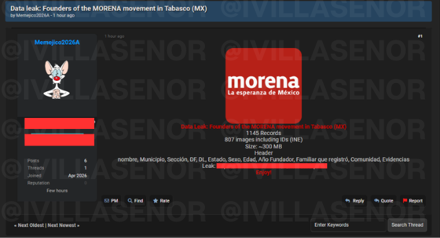 ivillasenor's tweet photo. 🔴 | HITLER ES FUNDADOR DE MORENA EN TABASCO

En un foro de ciberdelincuencia han filtrado el listado, con datos personales, identificaciones y hasta audios, de los fundadores de @PartidoMorenaMx en Tabasco.

El incidente es particularmente grave porque el paquete de datos exfiltrado, que ronda los 300 megabytes, vincula perfiles políticos con información privada de alta sensibilidad que debería estar bajo estricto resguardo institucional.

El riesgo para los afectados es inminente y persistente, especialmente considerando que la mayoría son adultos mayores con una edad promedio de 71 años, lo que los convierte en blancos vulnerables para delitos de ingeniería social y fraude financiero.

Ya por último: sí, es verdad, entre los fundadores del partido figura una persona que tiene por nombre Hitler y, como se puede ver en la imagen, su credencial de elector sigue vigente.
