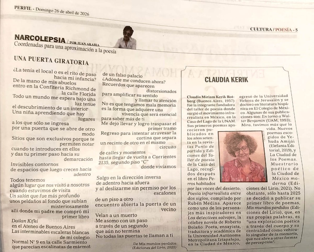 ClaudiaKerik's tweet photo. Por la fraterna diligencia de @HectorOAguilar ayer salió publicado en Buenos Aires🇦🇷 mi poema "Una puerta giratoria", en la columna de Juan Arabia, dentro de| suplemento PERFIL CULTURAL que dirige Alejandro Bellotti. Gracias a los tres y a cada uno por celebrar la poesía conmigo. https://t.co/eaRawGs2xE