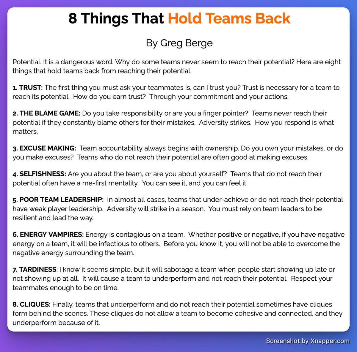 Talent is never the problem.

Trust. Blame. Excuses. Selfishness. Cliques.

That’s where potential goes to die.

8 things holding your team back 👇