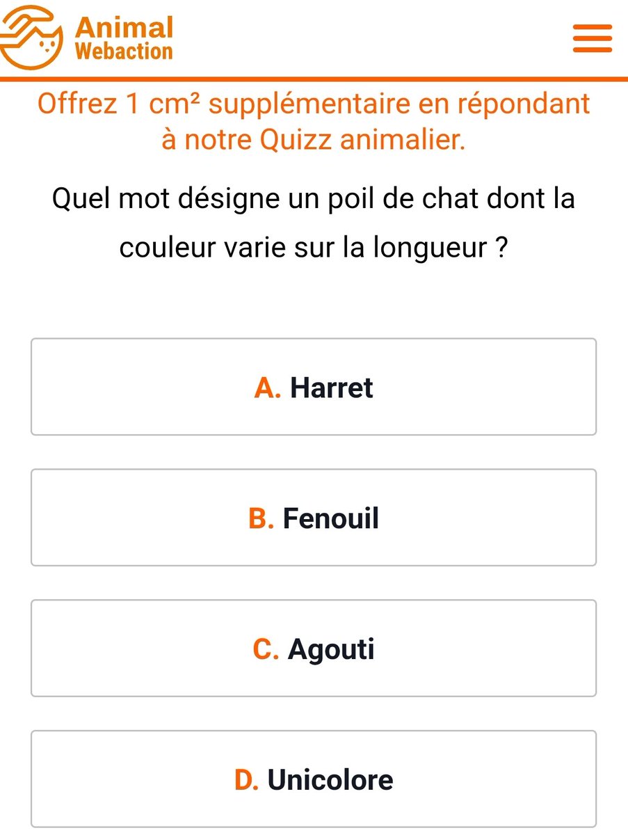 beta3093's tweet image. April 28, 2026:
The answer to the question posed between 12:00 AM and 5:59 AM (🕐🇫🇷) #animalwebaction is:

                     "C. Agouti"

Is a #Cat #Hair whose color varies along its length

🚨Retweet widely! 69% Correct answers

animalwebaction.com/fr/don-gratuit…