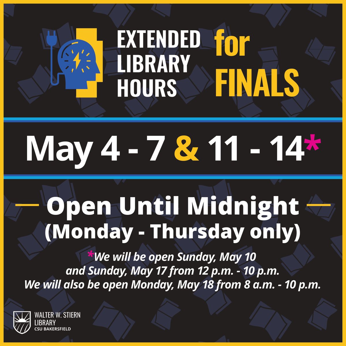 WWStiernLibrary's tweet photo. 🌙 To help `Runners succeed in their finals, the Library will be open until midnight, Mondays through Thursdays, from May 4 - 17!  
For more Library hours, please visit https://t.co/h78bxbUn7s https://t.co/akBnPGfy3Q