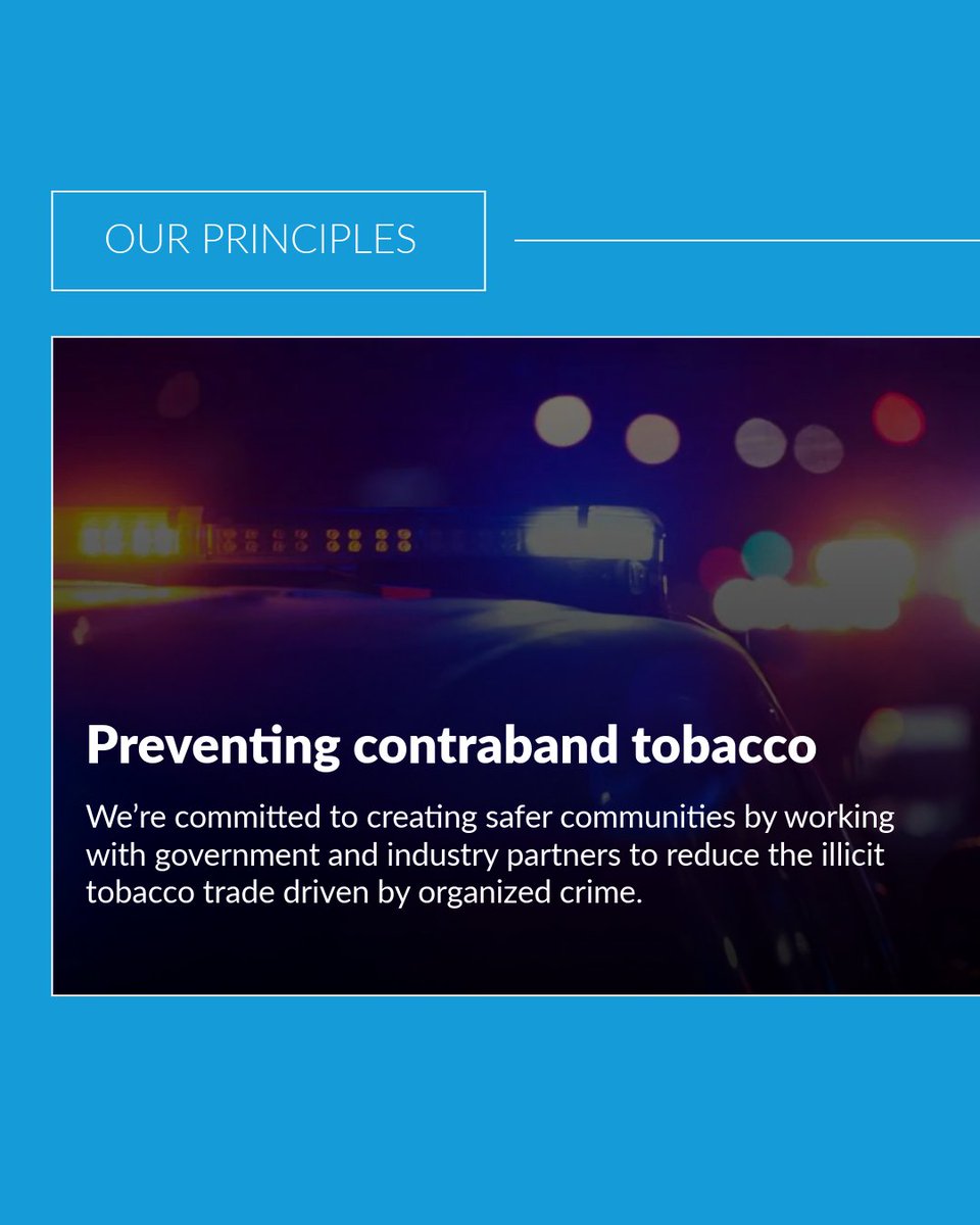 RBHinc's tweet photo. #OurPrinciples: Preventing contraband tobacco

The illicit tobacco trade is not a petty or victimless crime.

Rothmans, Benson & Hedges is committed to doing its part in tackling this issue, providing industry-specific support to Canadian government and law enforcement agencies, financial support to public safety and community organizations, and any other assistance we can.

Learn more today: https://t.co/EBUYjNDJ23