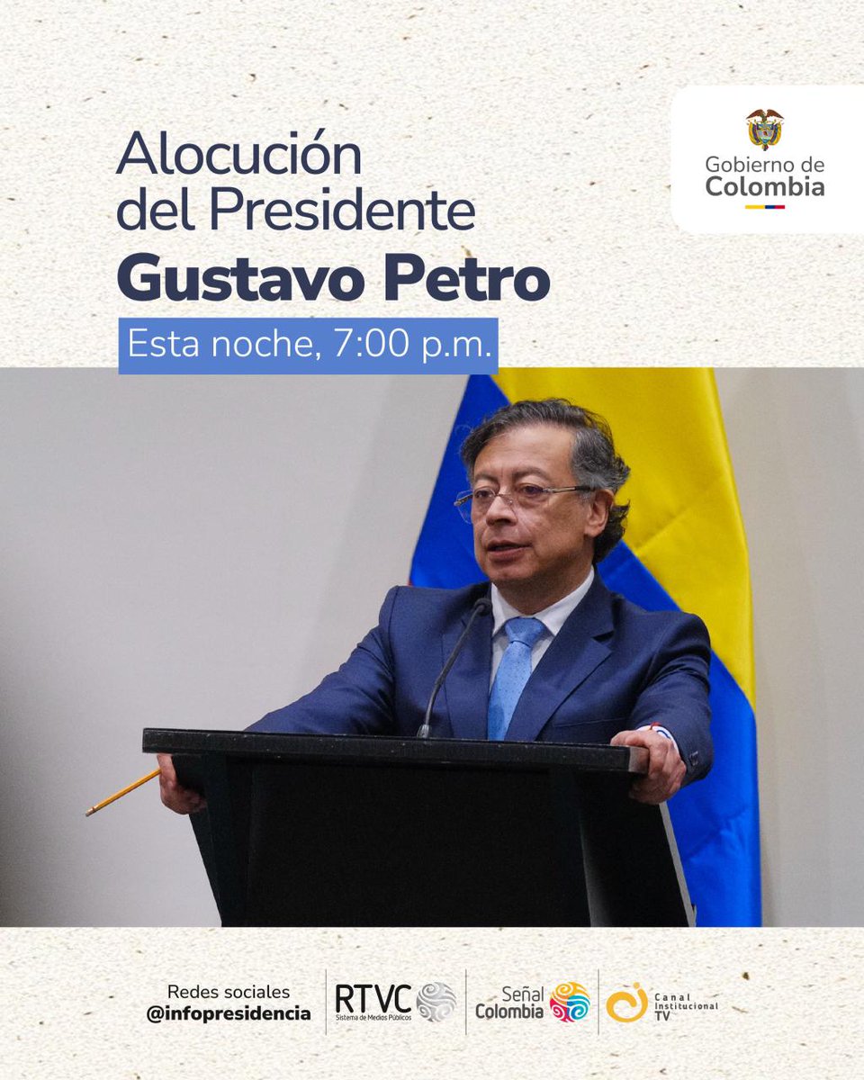 🔴 El Presidente @PetroGustavo se dirigirá esta noche al país en alocución presidencial.

Conéctate a las 7:00 p. m. a través de las redes de <a href="/infopresidencia/">Presidencia Colombia 🇨🇴</a> o por el canal de tu preferencia.