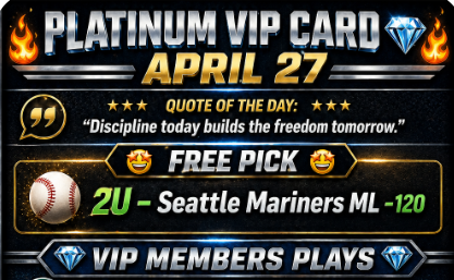 BullMarciano's tweet photo. 💎🔥 PLATINUM VIP CARD – APRIL 27 🔥💎

💭 **QUOTE OF THE DAY:**
“Momentum isn’t luck… it’s execution repeated.”

━━━━━━━━━━━━━━━━━━

🤤 **FREE PICK** 🤤

⚾️ Seattle Mariners ML (-120)

━━━━━━━━━━━━━━━━━━

💎 **VIP MEMBERS PLAYS**

🎯 3U – 🔒🔒🔒🔒
🧂 Sprinkle: 🔒🔒 (+130)

🔥 4U – 🔒🔒🔒🔒 (-130)
🧂 Sprinkle: 🔒🔒🔒🔒 (+130)

🚨 5U – 🔒🔒🔒🔒 (*NHL POD*)
🧂 Sprinkle (1U): 🔒🔒

━━━━━━━━━━━━━━━━━━

📈 **VIP EDGE**

✔️ High-unit plays that move profit
✔️ Sprinkle strategy = BIG upside 💰
✔️ Multi-sport attack daily
✔️ Built for long-term ROI

━━━━━━━━━━━━━━━━━━ 

🚨 Early card is LIVE — don’t wait for the recap

📩 DM “VIP” to lock in
🎁 Free Picks: https://t.co/16mcHBAUPM
💎 1 Month FREE: https://t.co/4KameFb2YU

📲 @bullmarciano (send User ID)

━━━━━━━━━━━━━━━━━━

🔥 Drop a 💎 if you’re riding