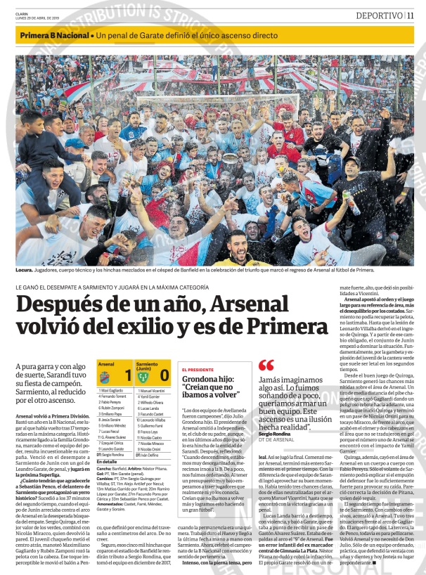 Recuerdo
28/4/2019 #Arsenal ganaba en Banfield a Sarmiento 1-0, gol: Leandro Garate -p-. Partido Desempate Nacional B 2018/9. El Arse ascendía a 1ra división.
Nota: RdF rincondefutbol.com/arsenal-volvio…
Video: Youtube/TyC Sports youtu.be/9heo3179Ezc
Fotos/videos arsemania.wixsite.com/website/ascens…