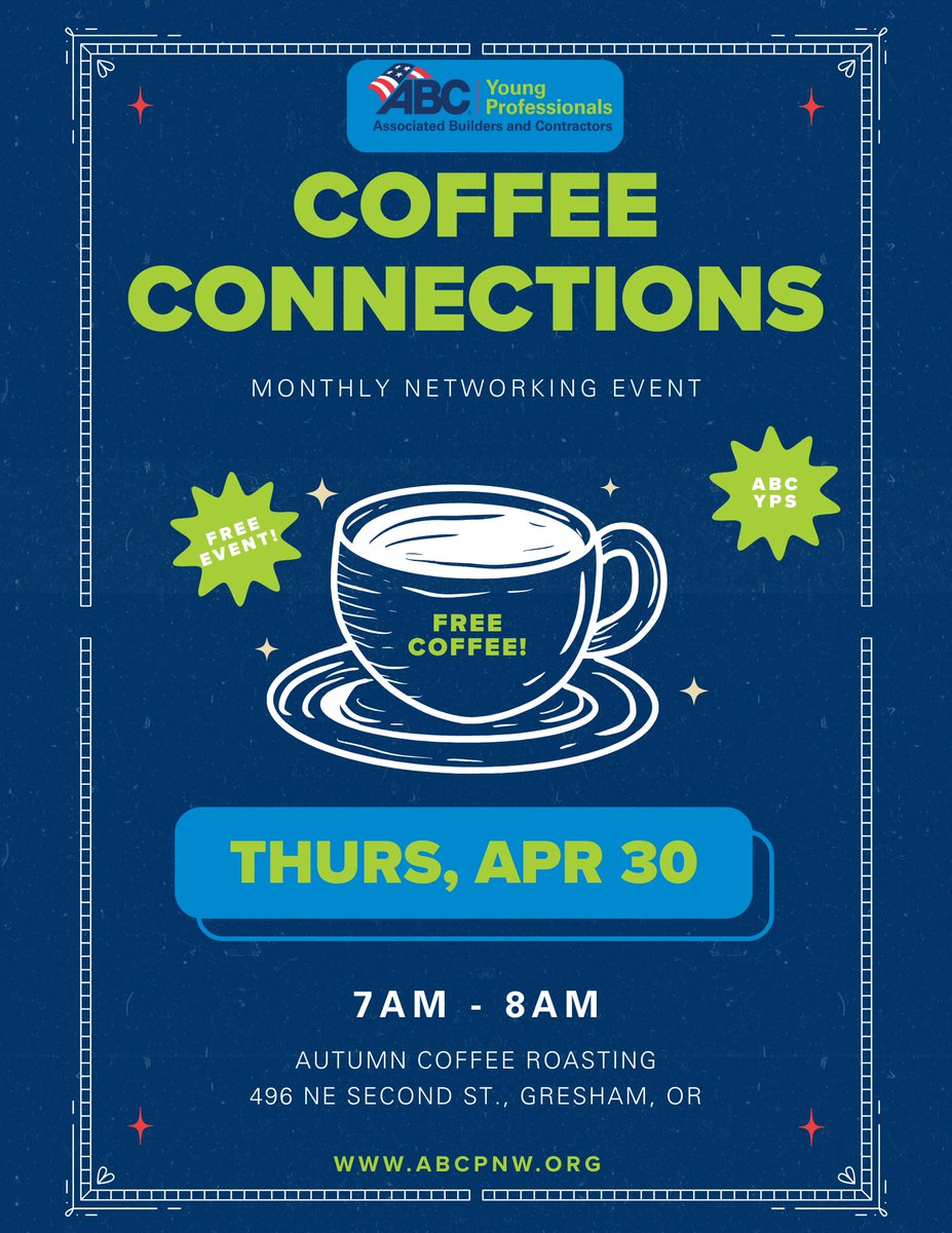 RobCon_Co's tweet photo. ☕ Coffee + connections

Join us for ABC Young Professionals Coffee Connections — free networking + free coffee 🙌

📅 Thurs 4/30 | 7–8 AM
📍 Autumn Coffee Roasting, Gresham

See you there!

#CoffeeConnections #TeamRobcon #ABCPNW #Networking #GreshamEvents https://t.co/KtcMEi3QH0