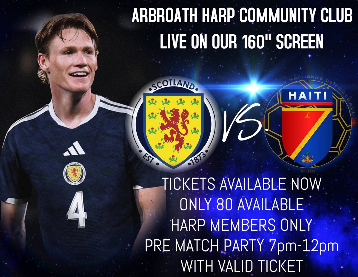 arbroathharpfc's tweet photo. Join us at the Arbroath Harp Community Club for all of Scotlands games plus many more. Scotland V Haiti begins with a pre match Tartan Army party 7pm - Midnight followed by the match. Only 80 tickets available for Harp members. #CommunityClub #LiveScreen #MatchDay https://t.co/w8urhD8hci