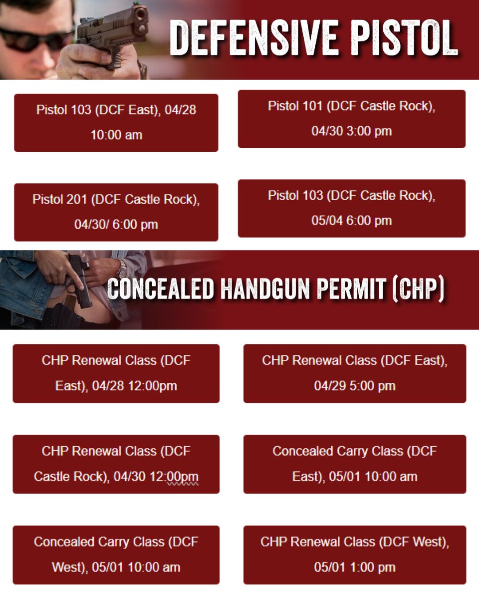 DCFGuns's tweet image. Ready to train? Here's this week's class schedule!

#DCF #Training #2A #Indoorrange #Castlerock #ColoradoSprings