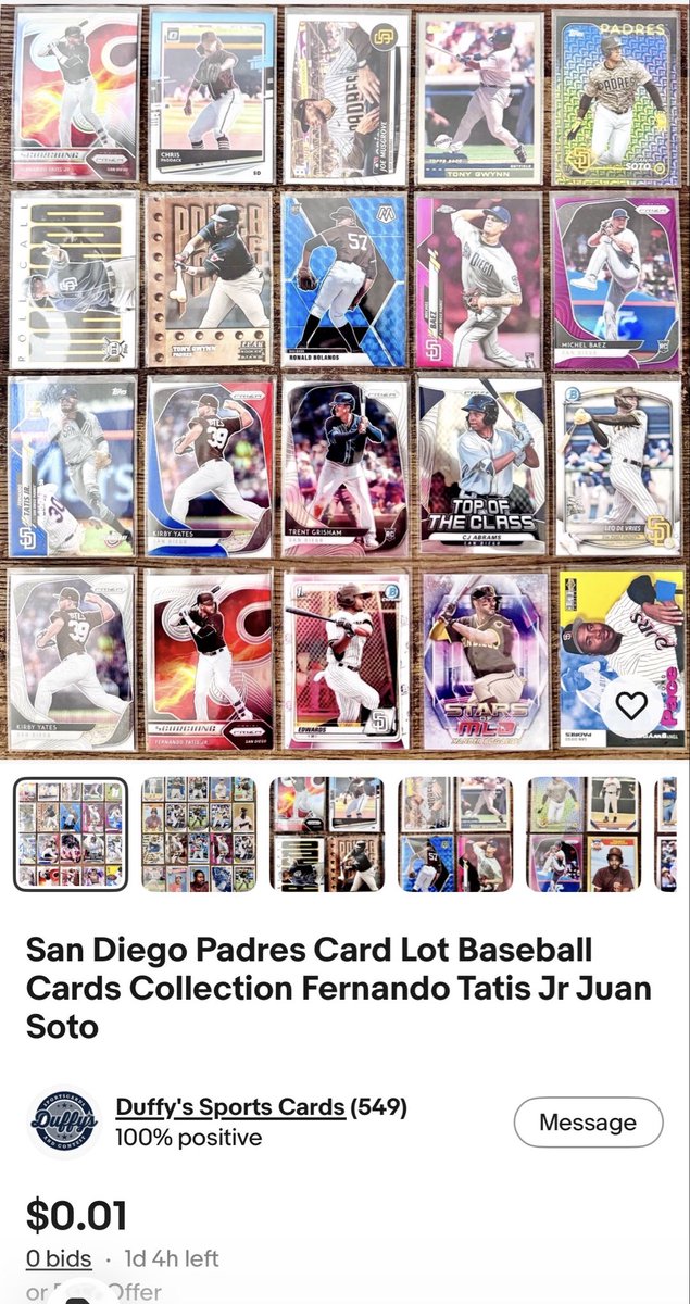 Padres Baseball Cards ends soon @ $0.01 ⚾️🔥

Nice little San Diego Padres lot with names like Fernando Tatis Jr., Juan Soto, Tony Gwynn, and more mixed throughout.

Fun team lot with rookies, inserts, and some sharp-looking cards — perfect for Padres fans or anyone building out
