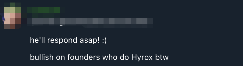 AdenDRInWeb3's tweet photo. @MerlinEgalite Quote from an investor friend who knows I am practicing for Hyrox : D https://t.co/ezVX3m74Wr