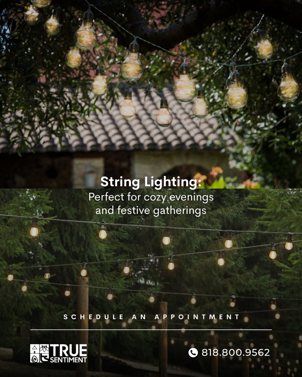 truesentiment1's tweet image. Whether you're hosting an event or simply want to add a touch of elegance to your home, our expert installation services ensure a flawless finish every time💡
Contact us today
📞(818) 800-9562
✨atruesentiment.com/string-overhea…

#StringLighting #HomeDecor #OutdoorLighting #LightingDesign