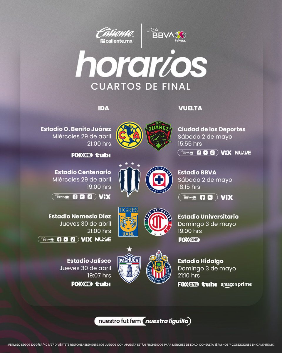 ligafemenilmex's tweet photo. TENEMOS HORARIOS
En estos días se jugarán los cuartos de final en la Liga MX Femenil 🔥🔥🔥
#LigaBBVAMXFemenil #FutFem https://t.co/9cqWNnKBq0