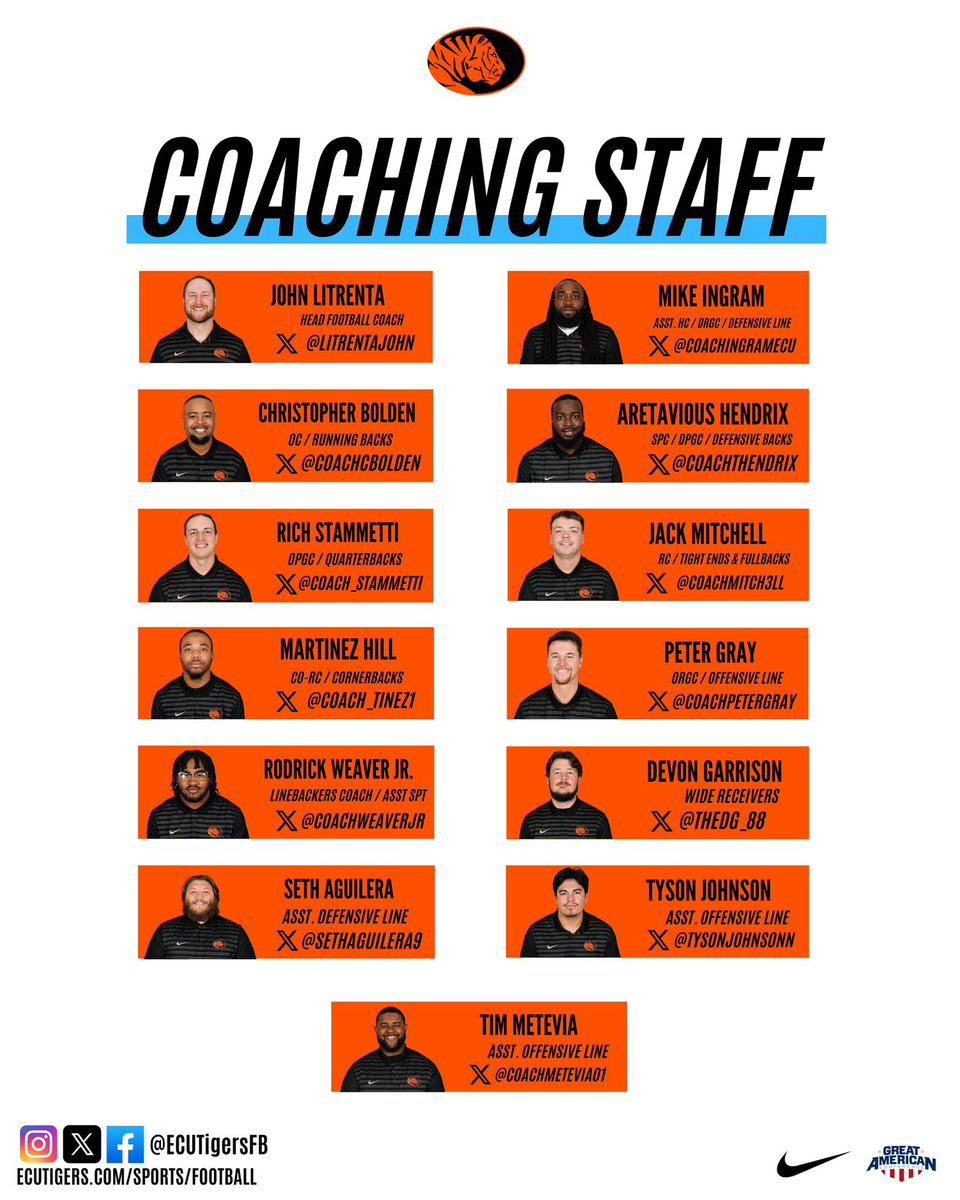 ECUTigersFB's tweet image. As our Coaching Staff begins to recruit the Class of 2027 and get on the road, make sure you connect with them and give them a follow! 🚘 🐅 

#BeTheStandard #TheChase