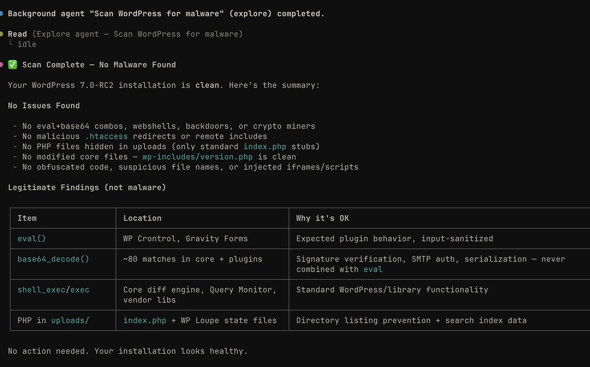 soderlind's tweet image. Did you know you can use GitHub Copilot to scan for malware? I ran it on a #WordPress installation.