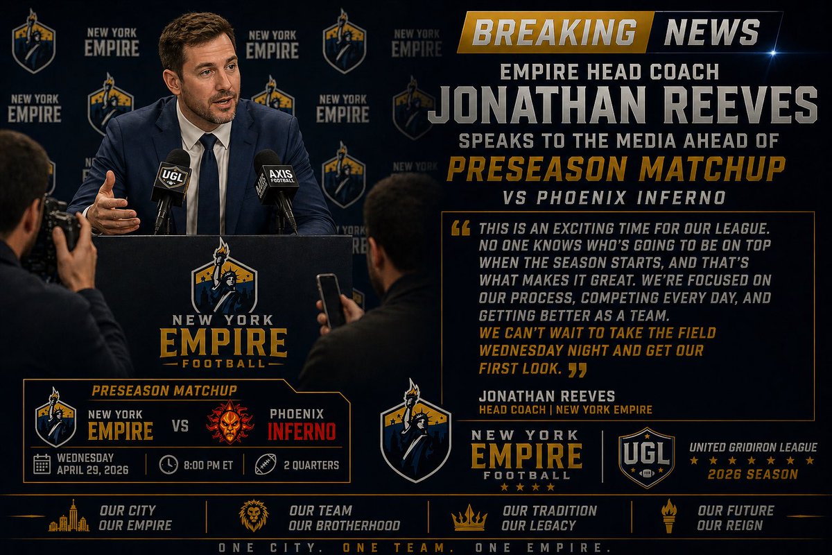 UGL_Football's tweet image. New York Empire head coach speaks ahead of preseason 👀

“No one knows who’s on top yet… that’s what makes it exciting.”

First look at the Empire vs Inferno this Wednesday 🔥

🆚 Phoenix Inferno
🗓 Wednesday, April 29
⏰ 8:00 PM ET
⏱ 2 Quarters

#UGL #Empire #Preseason