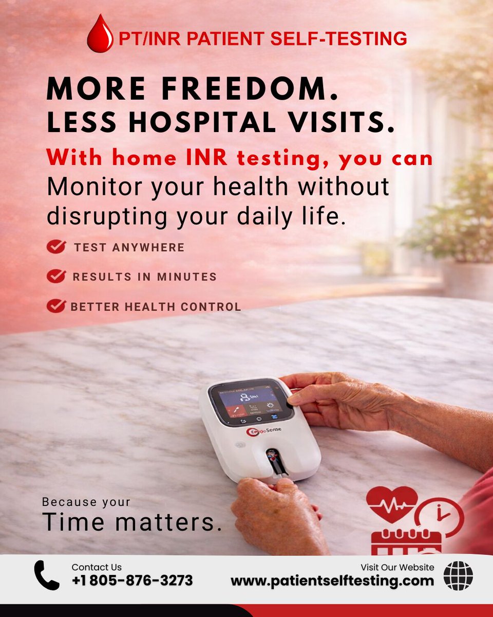 patient_self_t's tweet image. Say goodbye to frequent hospital trips. 🚫🏥
With home INR testing, manage your health anytime, anywhere—quick results, better control, and more freedom.
📞 +1 805-876-3273
🌐 patientselftesting.com

#HomeTesting #INRMonitoring #PatientFirst #RemoteHealthcare #HealthFreedom #Chr