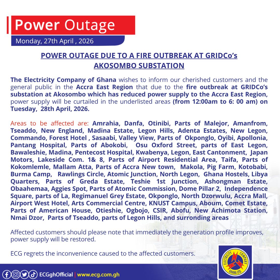 JoyNewsOnTV's tweet image. ECG announces list of areas in Accra East to be affected by power outages from midnight till 6am due to reduced power supply as a result of the Akosombo Substation fire.

#JoyNews #Viral #Explorepage #Ghana #JoyFM #GhanaNews #NewsUpdate #Africa #News #AfricaNews #CurrentAffairs
