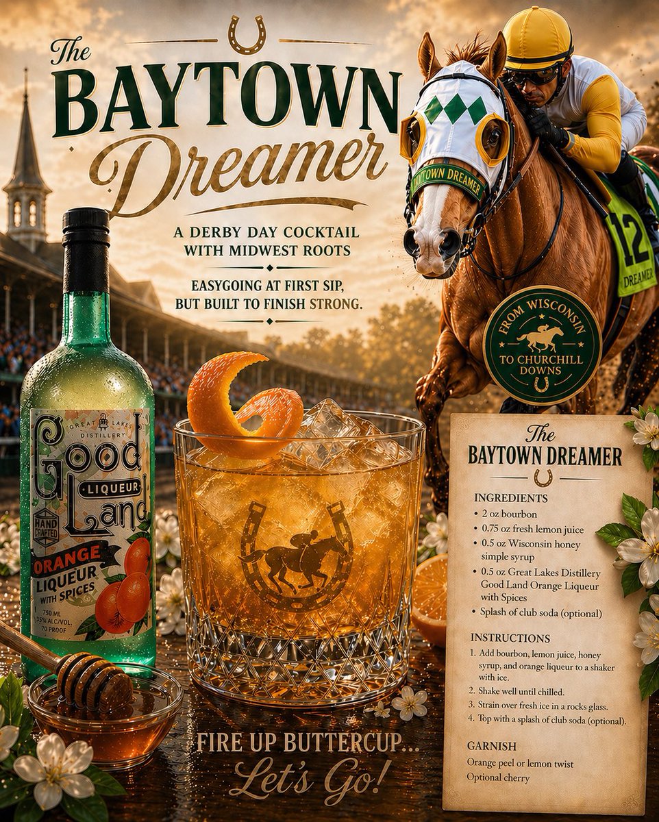katie_barelmann's tweet photo. From Wisconsin to Churchill Downs 🧀🏇

Baytown Dreamer runs on Kentucky Derby Day in the Pat Day Mile (GII).

We’re bringing cheesehead energy — and a signature cocktail made with @GLDistillery Good Land Orange Liqueur 🍊🥃

FIRE UP BUTTERCUP — LET’S GO. 🔥 https://t.co/c8Iaz8DfRX