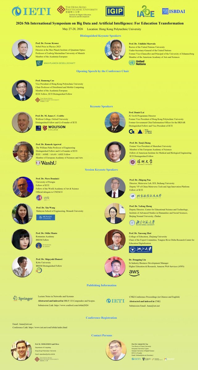 dominicipi's tweet image. Here we go… 

‼️🌐🔬🏛️🌍🎓
5th International Symposium on “#BigData and Artificial Intelligence for #Education Transformation” #AI #ParadigmShifts 

May 27-28 May 👉The Hong Kong Polytechnic University - PolyU 🔬⚙️🏛️🎓