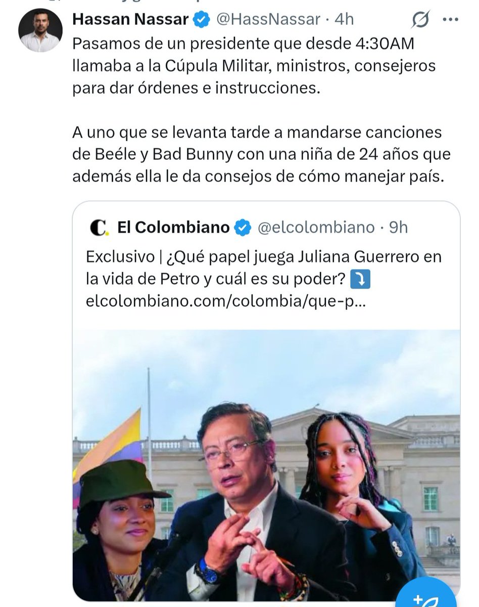 <a href="/Danielbricen/">Daniel F. Briceño</a> En Colombia tocamos fondo,ya que hasta las meretrices ignorantes del reyezuelo les dicen "Doctoras" y las tienen que recibir como personajes de alto rango del corrupto desgobierno, sólo porque supo conectar su clíctoris con el cerebro y vive de la paga de los contribuyentes