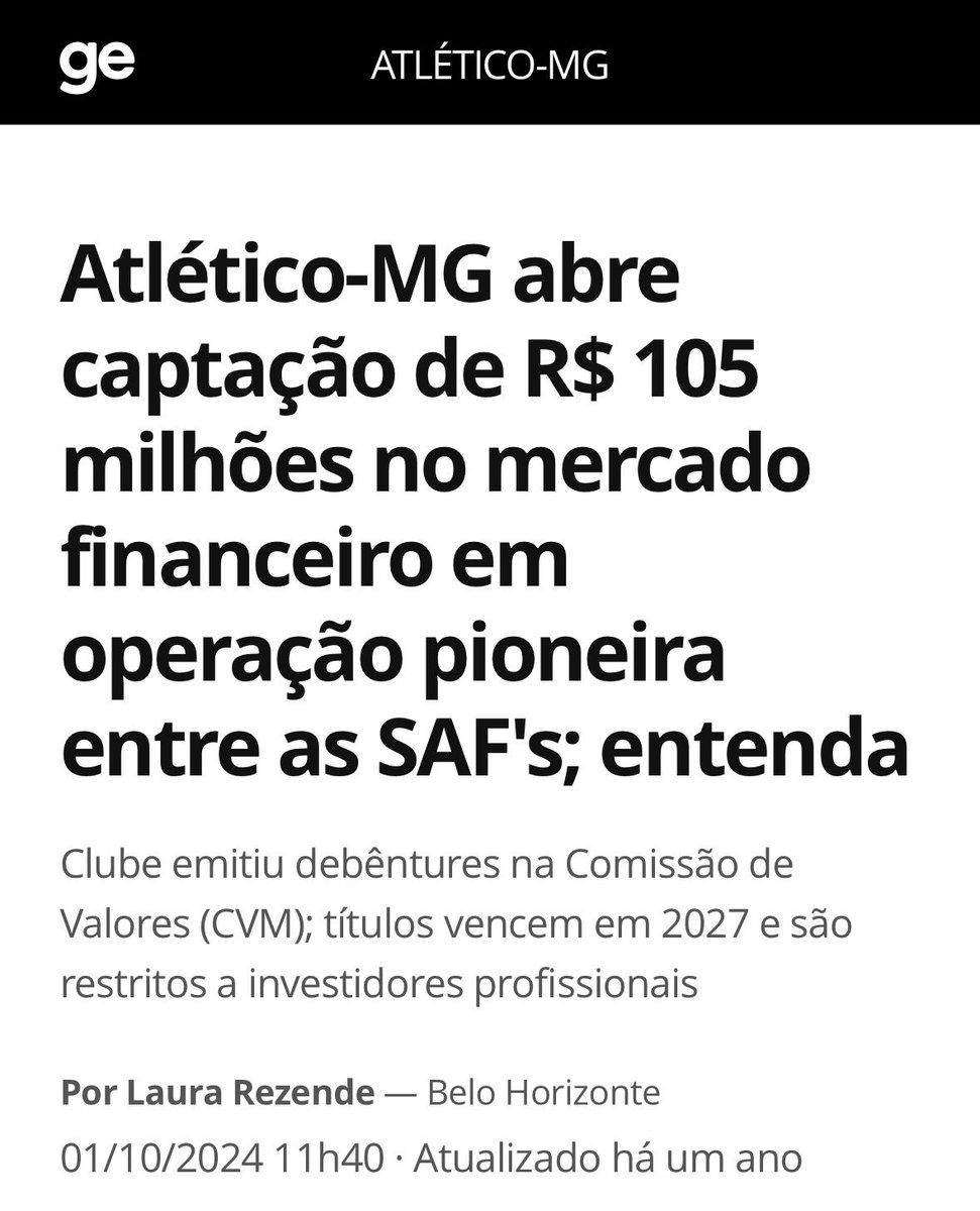 Gente e essa notícia aqui é outubro de 2024, heim? 😂😂😂😂😂 o mesmo valor “aportado” hoje. Mas os influencers do atletico tão analisando balanço do Cruzeiro KKKKKKKKKKK