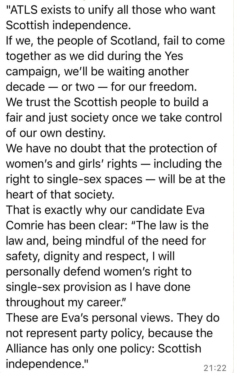 mickbrick54's tweet photo. Whilst I’m a candidate for ⁦@LiberateScot⁩ standing on a single issue I express a long held personal view on women’s rights. Nothing, and I mean nothing, will alter my oft expressed opinions on the need for single sex provision. #SexNotGender https://t.co/r3nqvF8kTB