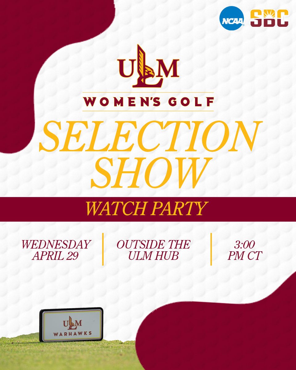 ULM_Golf's tweet photo. Catch us at the HUB🥳

We’ll see you Wednesday at 3 pm as we find out where we’re headed for NCAA Regionals!

#ULMGolf | #TakeFlight https://t.co/eKhmQx4aBH